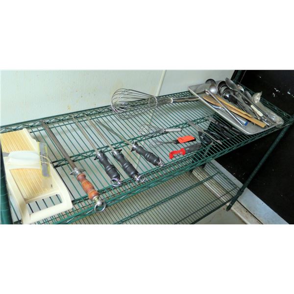 Contents of Shelf: Multiple Knife Sharpener Rods, Utensils, Whisk, etc