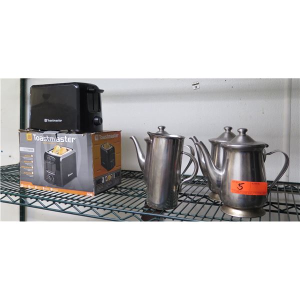 Toastmaster 2-Slice Toaster, 3 Metal Teapots & 1 Pitcher