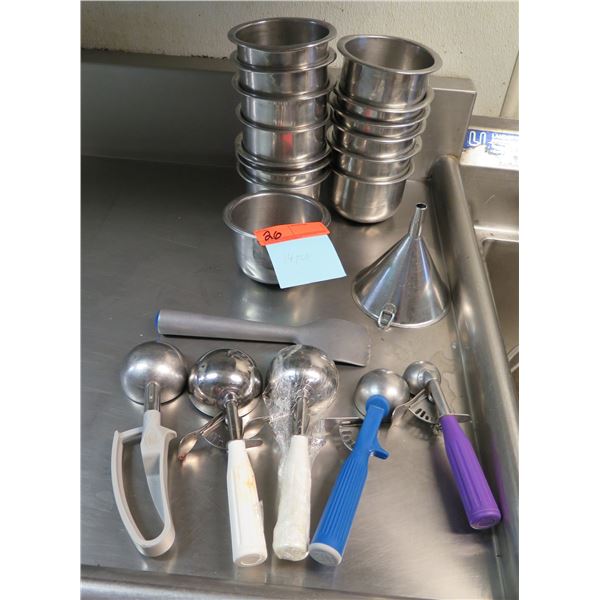 Multiple Metal Bowls, Funnel, Ice Cream Scoops, etc