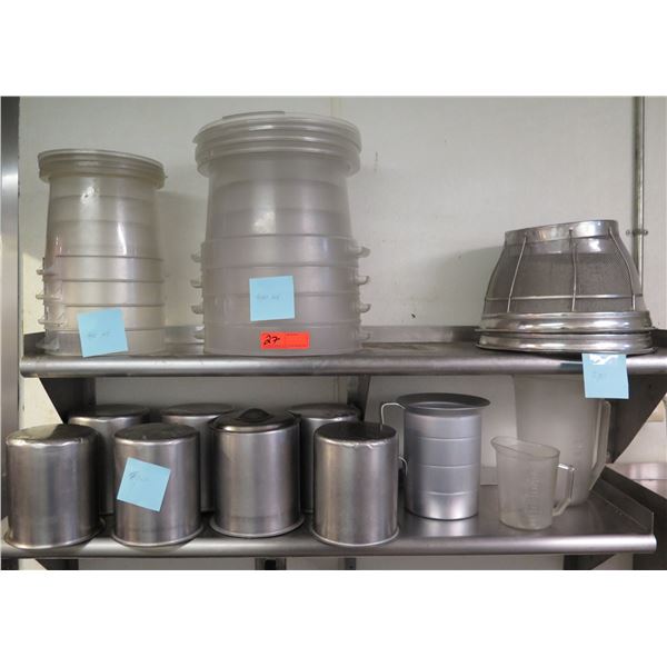 Contents of Shelf: Multiple Plastic Food Storage Bins w/ Some Lids, Metal Tureens, etc