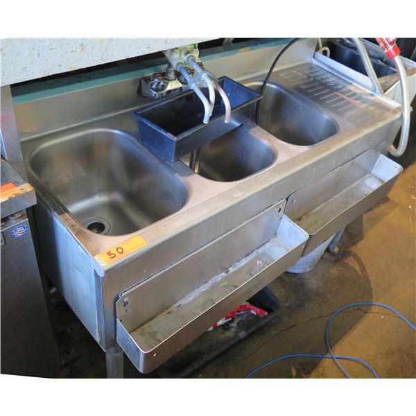 Metal 3-Basin Bar Sink w/ 2 Front Wells & Drainboard 48" x 20"