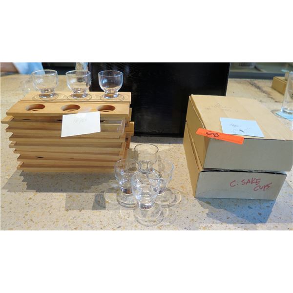 Qty Approx. 33 Glass Sake Cups w/ 16 Wooden Stands