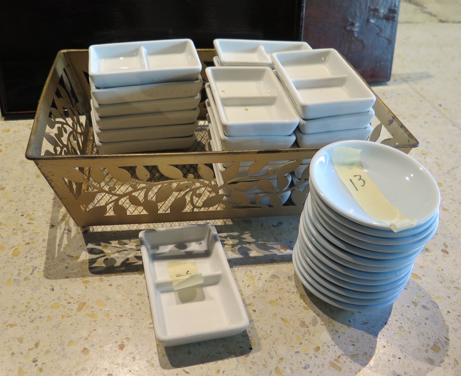 Condiment Dishes: Qty Approx. 13 Round & Qty 26 Two-Section Rectangular