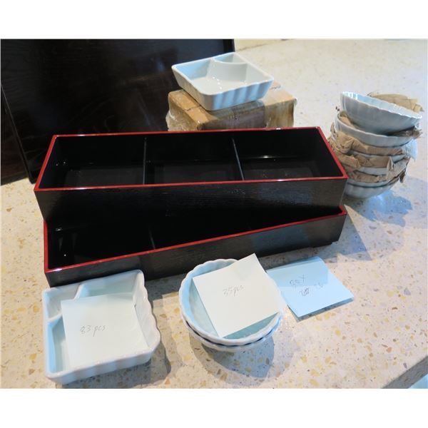 Multiple Ramekins & Condiment Bowls in Lacquer Trays
