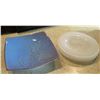 Image 1 : Qty 4 Round Glass Plates 9" Dia & Blue Leaf Design Serving Tray 9.5" W