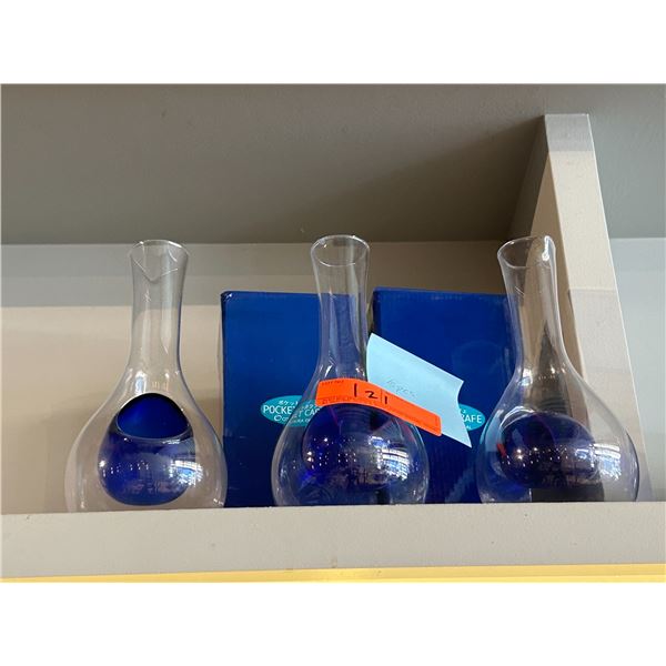 Qty Approx. 5  Clear Glass Wine Decanters w/ Cobalt Blue Chiller Chambers