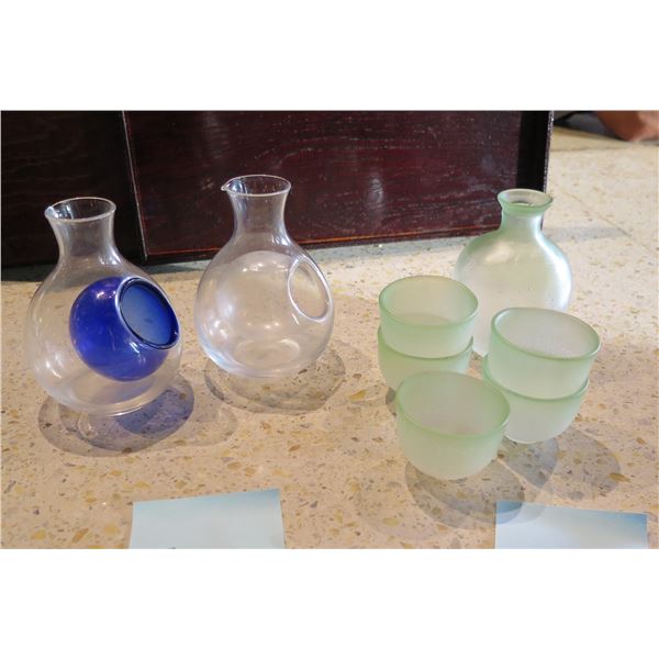 Qty 2  Clear Glass Wine Decanters w/ Chiller Chambers, Sake Bottle & Cups