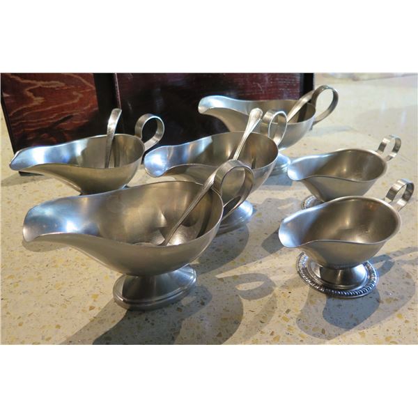 Qty 6 Metal Gravy Boats w/ Some Spoons, Misc Sizes