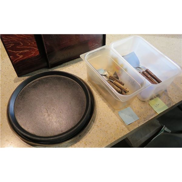 Multiple Cambro Round Serving Trays 14" dia, Metal Spatulas, etc