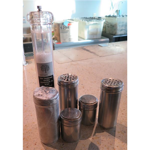 Multiple Metal Shakers, Misc Sizes & Terramezzo Rock Salt Tall Grinder
