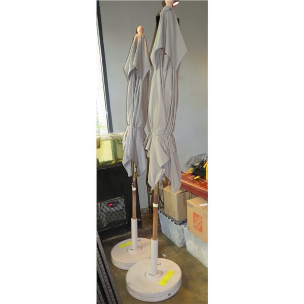 Qty 2 Grosfillex Outdoor Umbrellas w/ Stands, Has Holes, Canvas (approx. 110" dia.)