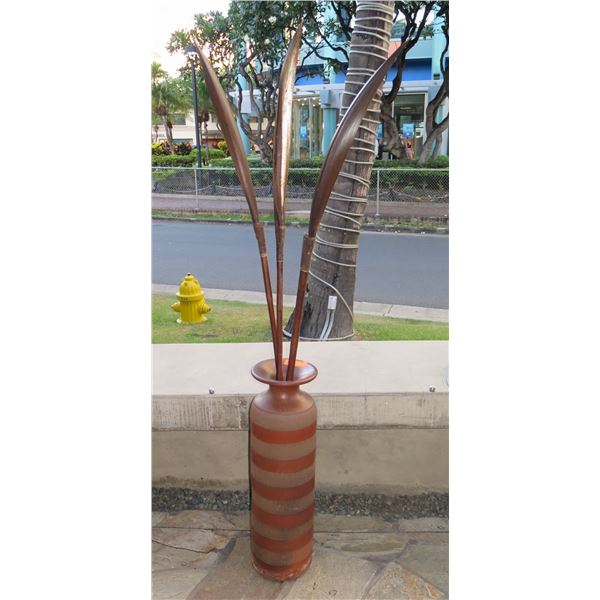 Tall Clay / Ceramic Vase w/ Artificial Leaves, Approx. 31" Tall