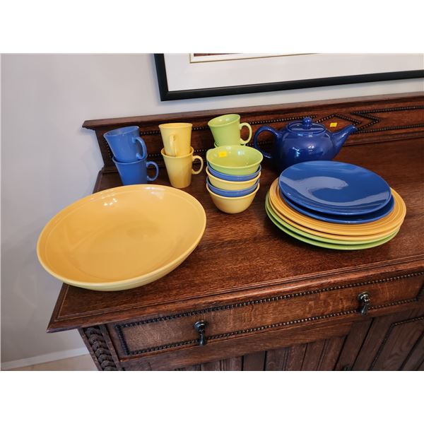 Blue and Green Dishware and Tea Pot