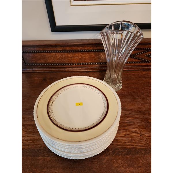 Old English Johnson Bros Gold Rimmed Dinner Plates and Crystal Vase