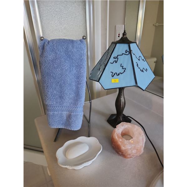 Lamp with Himalayan salt candle holder and towel rack
