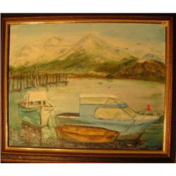 Original oil on board by Meinew of boat 16"x20" (74)