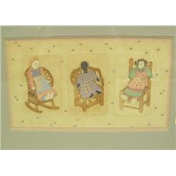 Lazy days 24/400 by Brooke Morrison 1987 of 3 dolls in 3 chairs double matted and framed 10.5"x18.5"