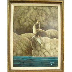 Original oil on board by Emerson in 1980 of a seal on a rock 16"x12.5" (3)