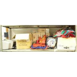 Bottom shelf of HP Office Jet printer, large lot of ornaments, Christmas tree fabric, new Christmas 