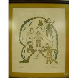 Cape Dorset style print "At the Weir" by Jamasie in 1967 18.5"x16" (3)