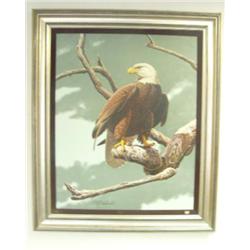 Huge original oil framed by Guy Goeleach 960/1000 of eagle on tree limb 45"x36" (3)