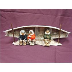 C. Allen Johnson Figure 21" untitled whaling boat with three men, one handle replaced on boat, other