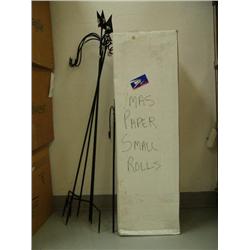 Large box of Christmas wrapping paper, metal stake candle holders (242)