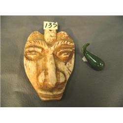 4.5" bone carved face pendant, imported and a 1.5" jade whale (3)