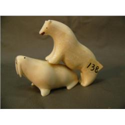1960's carving: polar bear (3.5") attacking a walrus (3") (3)