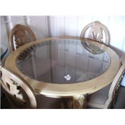 Round mahogany table with Queen Anee legs, glass top, 4 balloon back chairs (241)