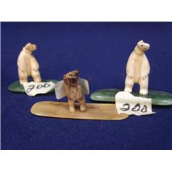3 ivory fossilized bears mounted 2 on jade bases 1 on ivory base 1 1/2 in high