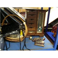 Collection of fancy purses, little brass clock, harmonicas, jewelry box full of costume jewelry (241
