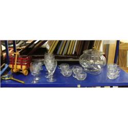 Lot of glassware, punchbowl w/ gold trim, 7 cups, 5 cut class goblets, brass magnifying class, woode