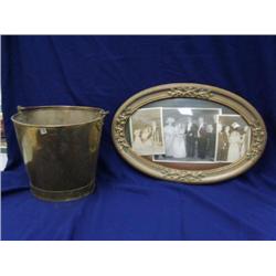 Ornate convex glass picture frame and brass bucket (241)