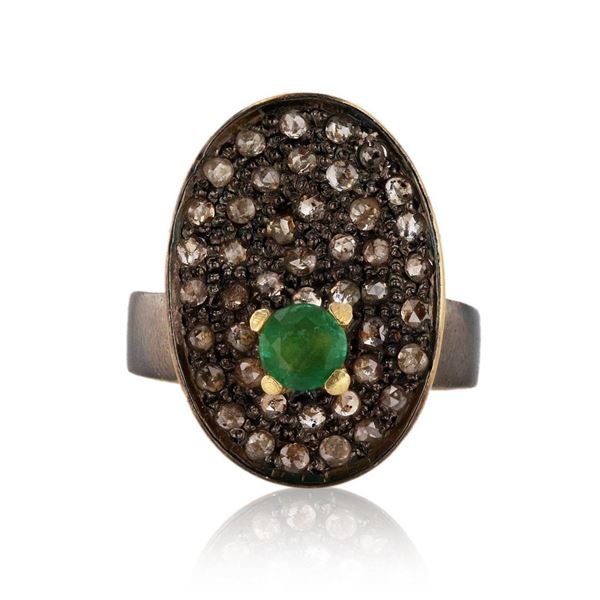 0.40 ctw Emerald and 0.58 ctw Diamond Silver Ring
