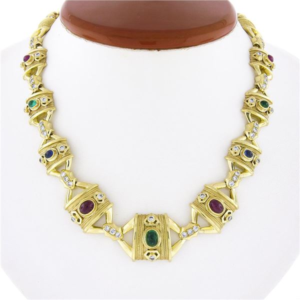 Vintage 18K Gold Cabochon Multi Gemstone Diamond Dual Finish Wide Link Necklace