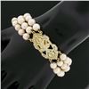 Image 8 : 14k Yellow Gold 7.25" 1.25 ctw Diamond Covered Clasp 3 Row Cultured Pearl Bracel