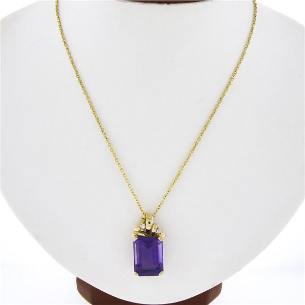 14k Yellow Gold Large Emerald Cut Amethyst w/ Diamond Bow Ribbon Pendant & Chain