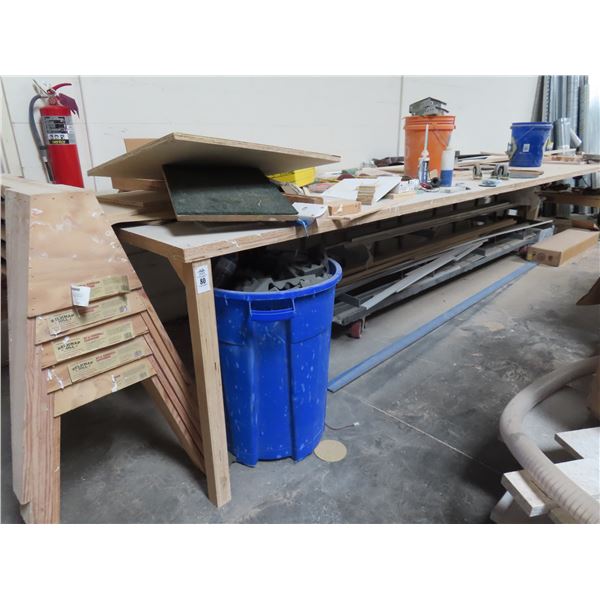 Large Metal Rolling Base Work Table w/Supplies and 5 Wooden Saw Horses