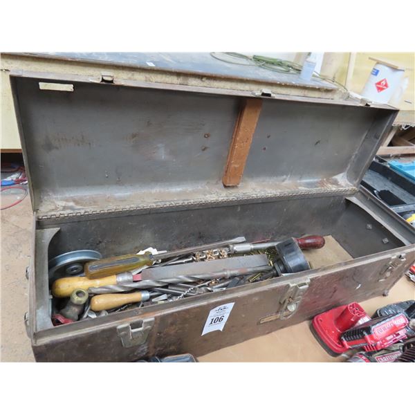 Brown Metal Toolbox w/Tools and Supplies