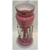 Image 2 : Antique Hand Painted Bohemian Pink Glass Luster Lamp Strawberry Themed Missing One Crystal