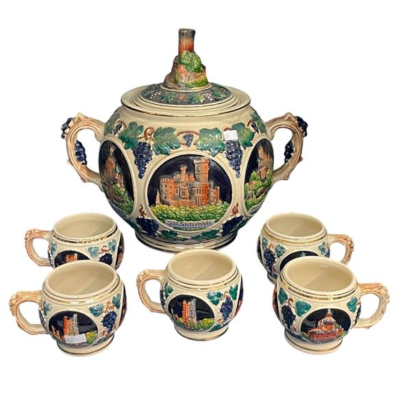 Antique German Wine Bowl Set With Castle Motif 5 Cups And Bowl