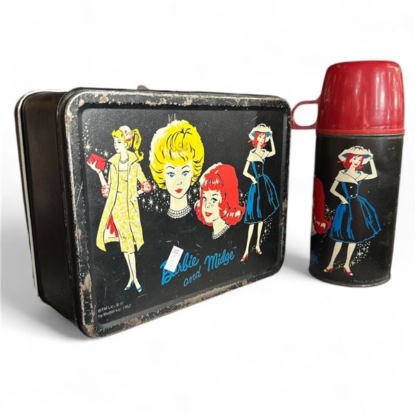 Vintage 1962 Barbie And Midge Metal Lunch Kit With Matching Thermos