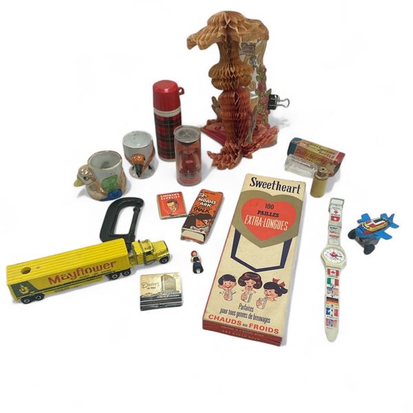 Assortment Of Vintage Collectibles, Duck Cups, Watch, Mini Cola Doll, Hot Wheels Truck, Thermos Perf