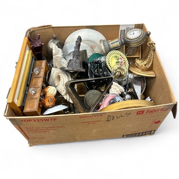 Box Full Of Vintage Collectibles, Clocks, Plates, Pictures, Figurines, Etc..