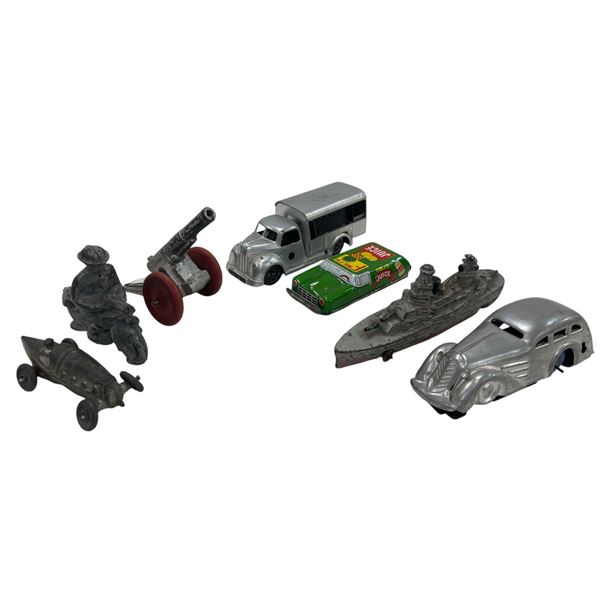 7 Vintage Toys, Cast Metal Ship, Cannon, Soldier Biker, Racer, Etc..