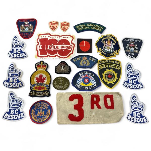 Assorted Vintage Patches, Fire Department, B.C Rescue, 100 Mile Club, Legion, Etc..