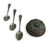 Image 1 : 3 Sterling Silver Engraved Spoons With .800 Silver Lidded Engraved & Embossed Container