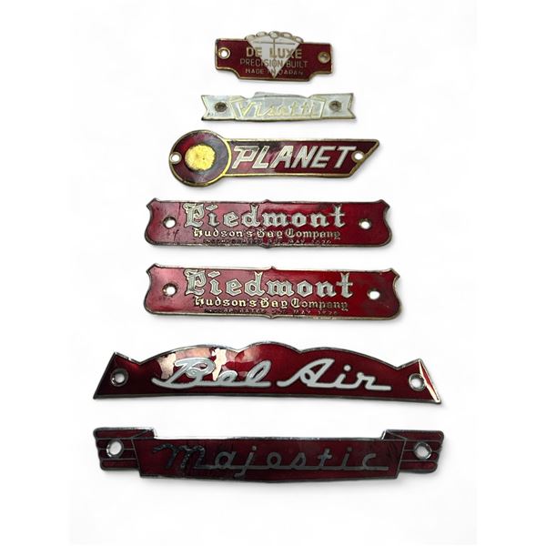 7 Vintage Metal Car Emblems, Majestic, Belaire, Liedmont, Planet, Visetti, & De Luxe