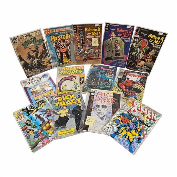 13 Vintage Assorted Comics, Dick Tracy, Billy The Kid, The House Of Mystery, Alice Cooper, Spiderman